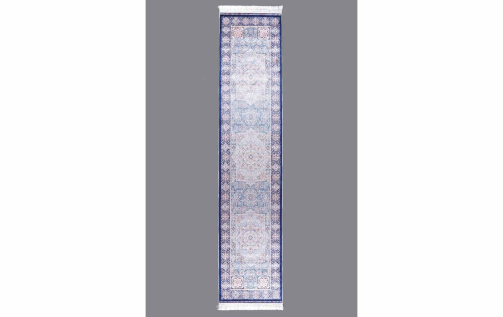 Premium Silk Medallion Blue Carpet Runner 11x2.6 ft Machine-Made - Rugs Turkey