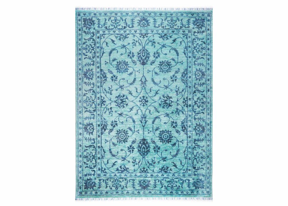 Stylish Horcun Blue Floral Rug 6.7x5 Wool-Cotton for Traditional Deco - Rugs Turkey