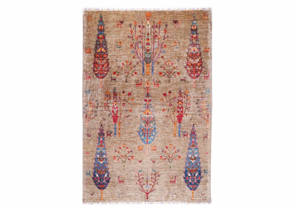 Sultani Brown Tree Rug 8.2x5.7 ft Hand-Knotted Traditional WoolCotton - Rugs Turkey