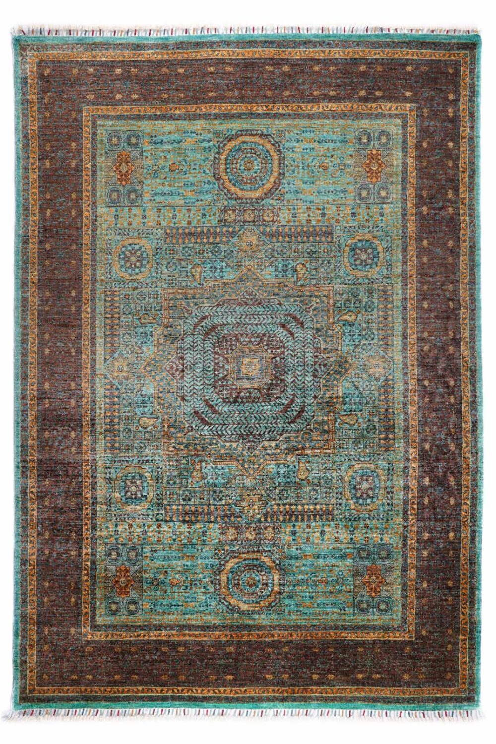 Traditional Brown and Green Rug Hand-Knotted Memluk 8x5.7 ft - Rugs Turkey