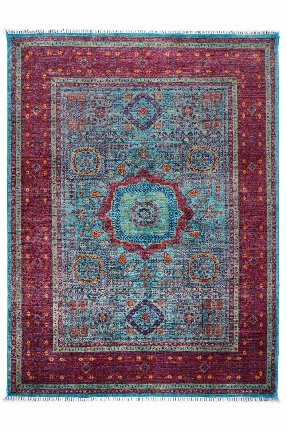 Traditional Memluk Red Blue Area Rug Hand-Knotted Wool-Cotton 7x5 ft - Rugs Turkey