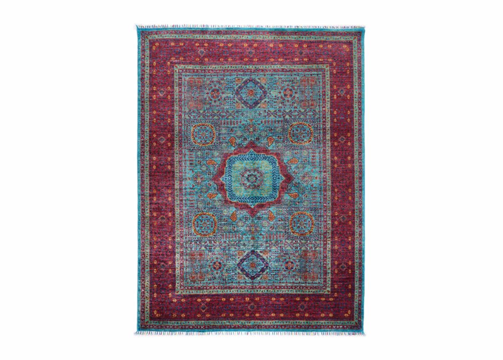 Traditional Memluk Red Blue Area Rug Hand-Knotted Wool-Cotton 7x5 ft - Rugs Turkey