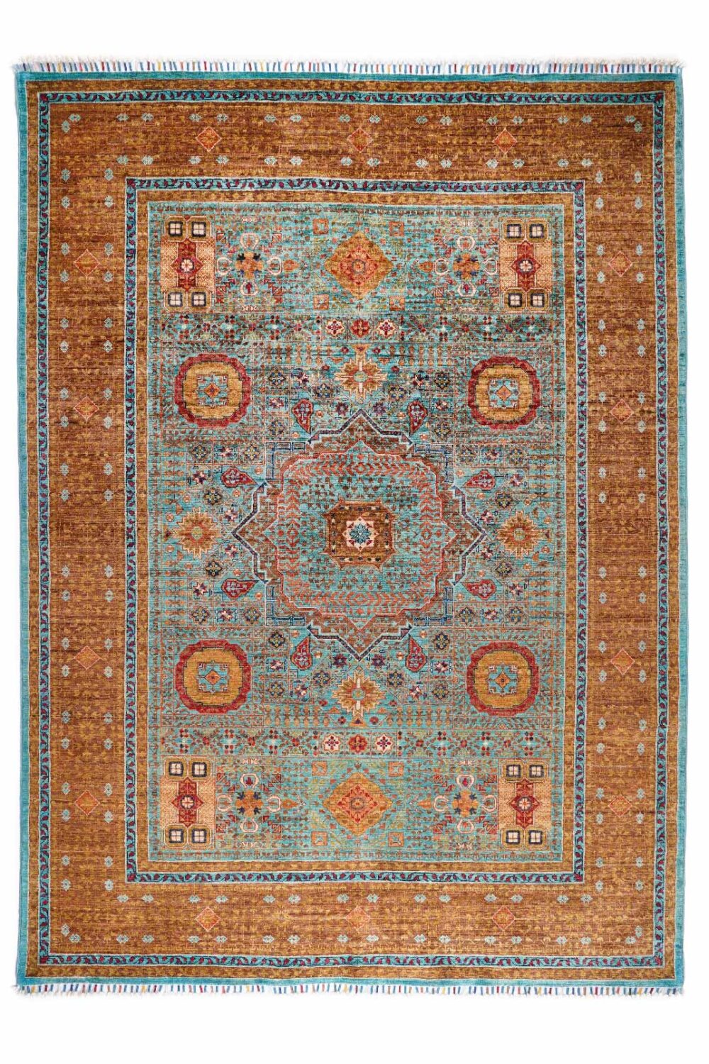 Traditional Orange and Blue Rug 7.8x5.7 ft Hand-Knotted Memluk - Rugs Turkey