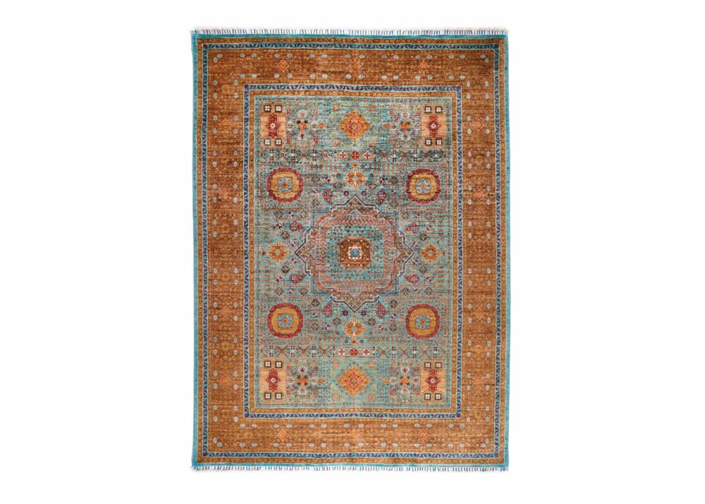 Traditional Orange and Blue Rug 7.8x5.7 ft Hand-Knotted Memluk - Rugs Turkey