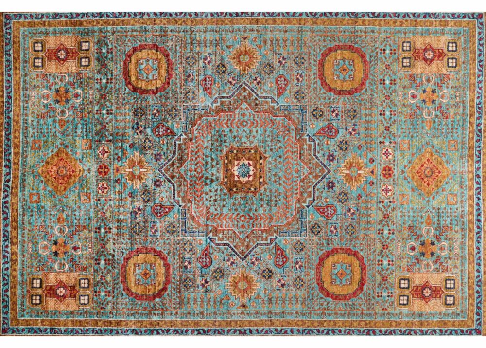 Traditional Orange and Blue Rug 7.8x5.7 ft Hand-Knotted Memluk - Rugs Turkey