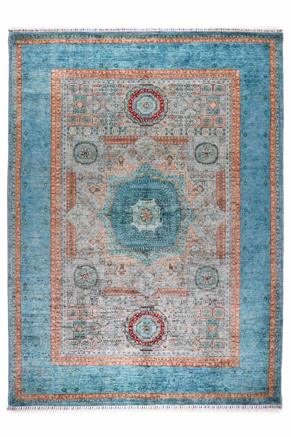 Traditional Rug Orange and Blue Hand-Knotted Memluk 7.9x6 ft - Rugs Turkey