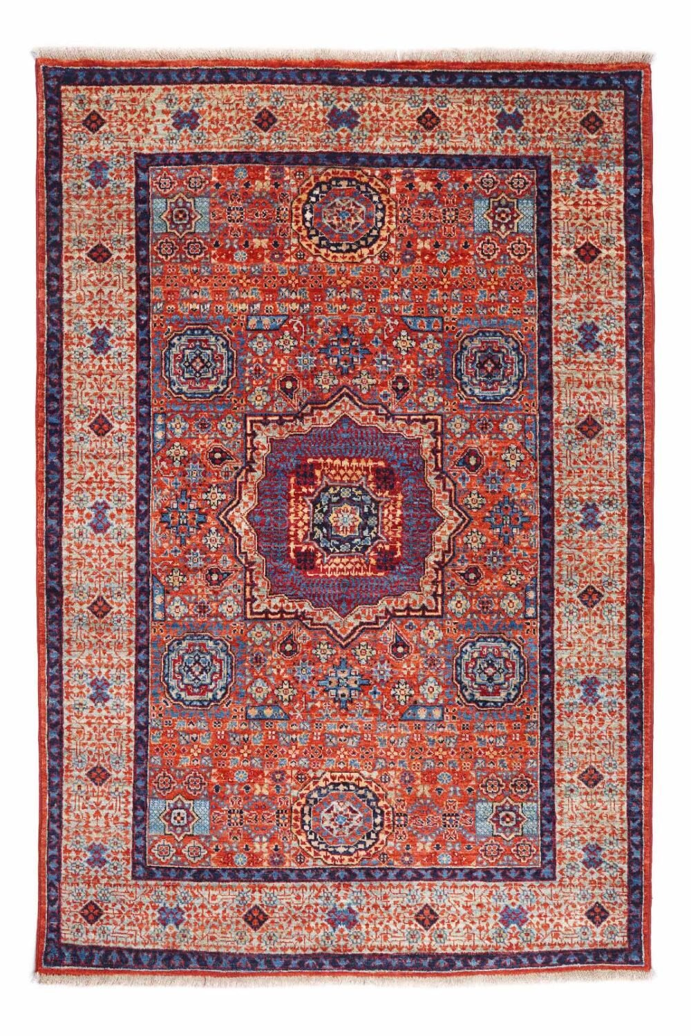 Wool-Cotton Memluk Orange and Blue Traditional Rug 3.3x4.9 ft - Rugs Turkey